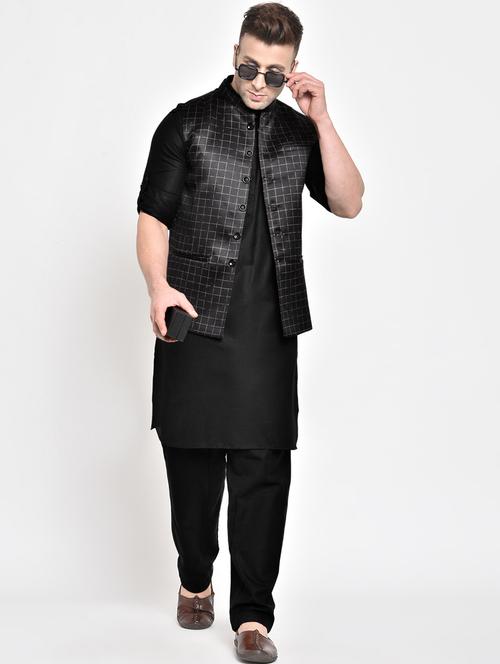 black solid kurta pyjama set with checkered nehru jacket - 17976741 - Very Small Image - 1