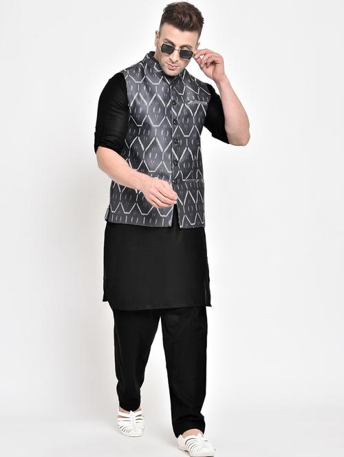 black solid kurta pyjama set with printed nehru jacket - 17976742 - Very Small Image - 1