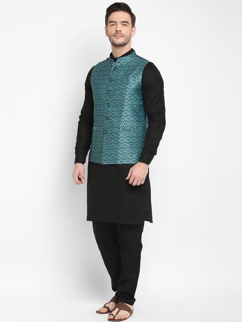 black solid kurta pyjama set with green printed nehru jacket - 17976751 - Very Small Image - 1