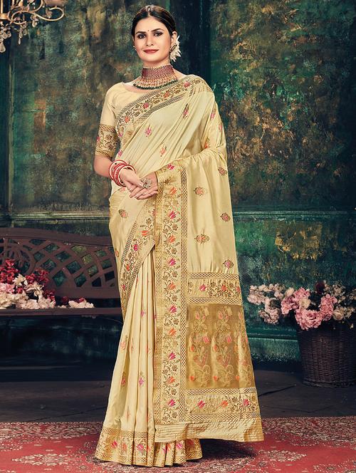 women's self design beige colored saree with blouse - 18119635 - Very Small Image - 1