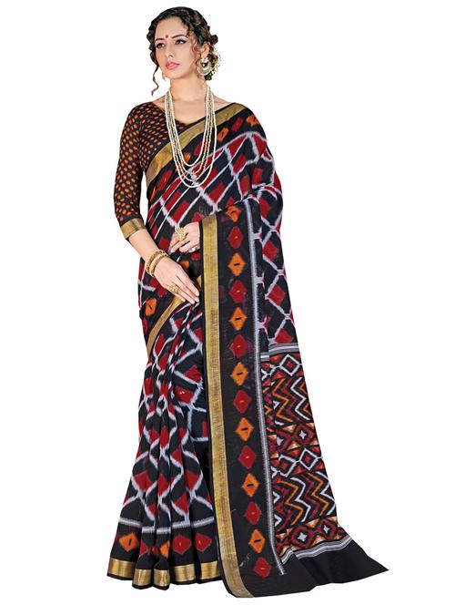 black cotton printed saree with blouse - 18216828 - Very Small Image - 1