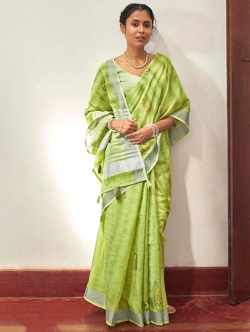 green linen saree with blouse - 18283126 - Very Small Image - 1