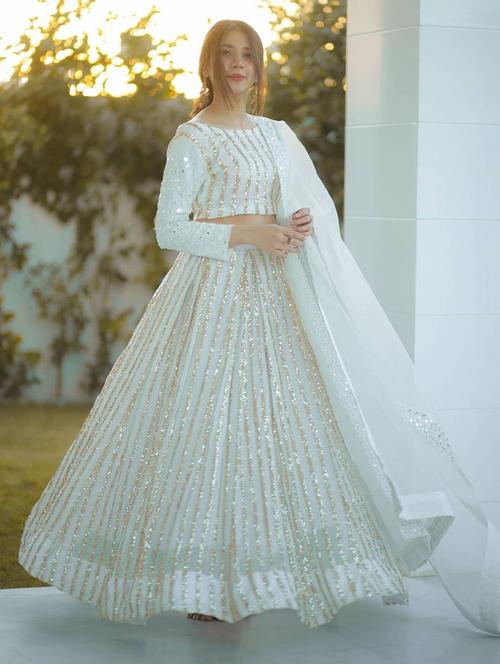 white embroidered solid flared semi-stitched lehenga choli with dupatta - 18284702 - Very Small Image - 1