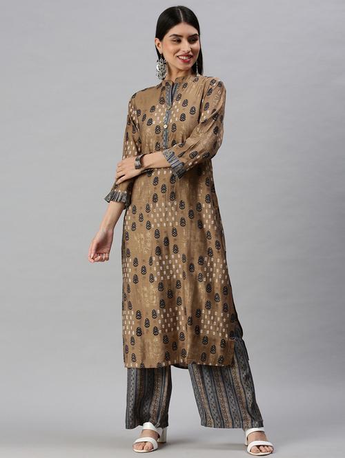 women printed round neck kurta palazzo set - 18285549 - Very Small Image - 1