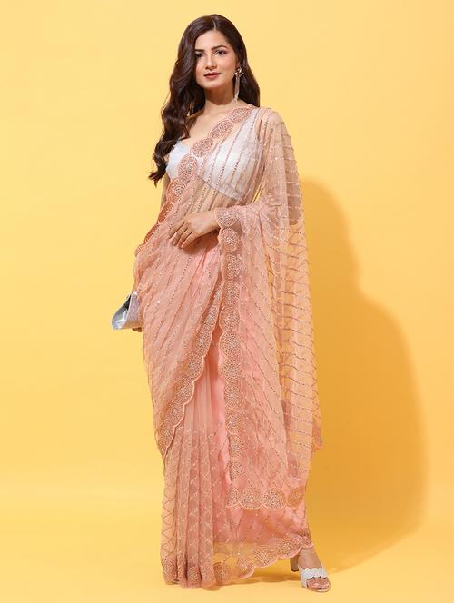 peach net embroidered saree with blouse - 18322902 - Very Small Image - 1
