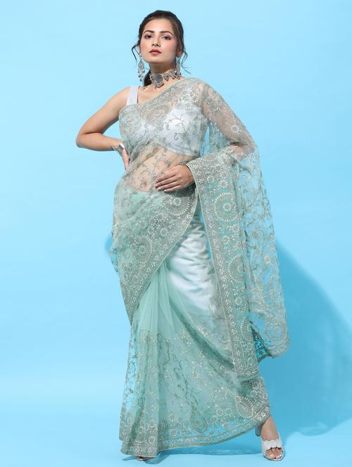sky blue net embroidered saree with blouse - 18322938 - Very Small Image - 1