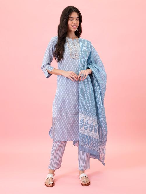 blue cotton suit set - 18325461 - Very Small Image - 1