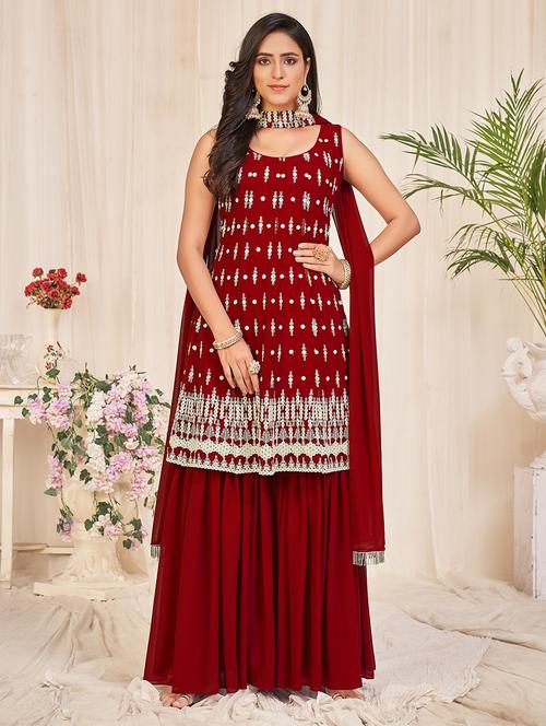 embroidered unstitched sharara suit set - 18346565 - Very Small Image - 1