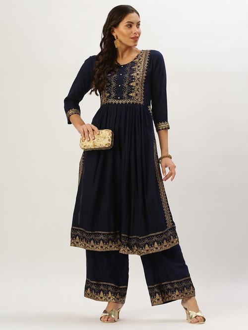 teal cotton blend kurta salwar set - 18390268 - Very Small Image - 1