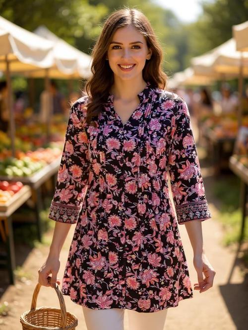 black tie back floral print tunic - 18419176 - Very Small Image - 1