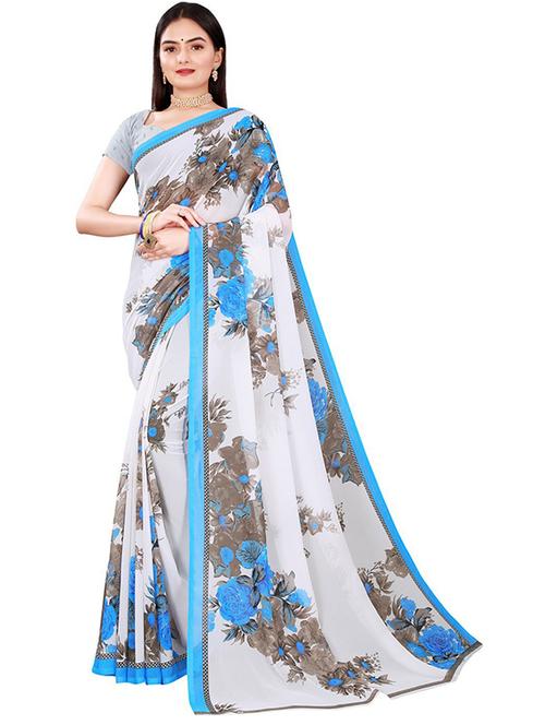 women's floral white colored saree with blouse - 18484903 - Very Small Image - 1