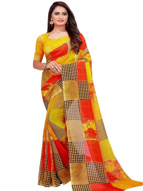 women's color block yellow colored saree with blouse - 18485149 - Very Small Image - 1