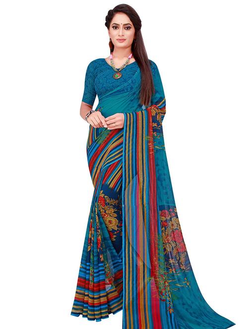 women's floral indigo colored saree with blouse - 18488802 - Very Small Image - 1