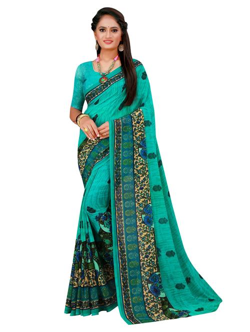 women's floral turquoise colored saree with blouse - 18696396 - Very Small Image - 1