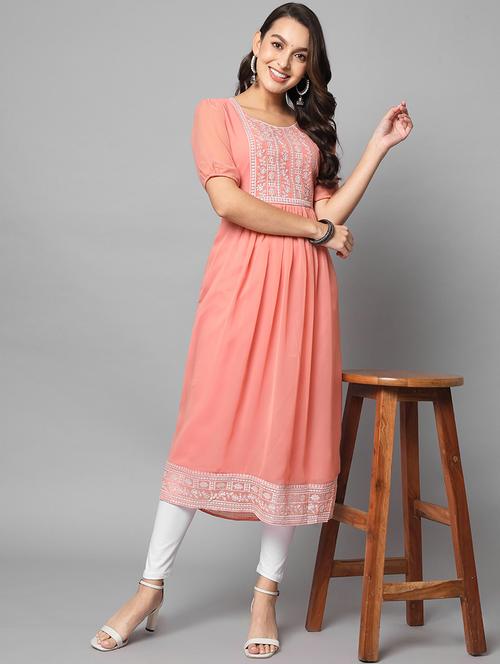 peach georgette flared kurta - 18738019 - Very Small Image - 1