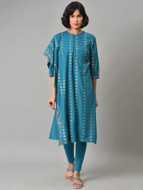 w women blue festive floral print rayon kurta with tight - 18882609 - Very Small Image - 1
