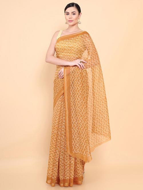 women's printed mustard colored saree - 18933166 - Very Small Image - 1