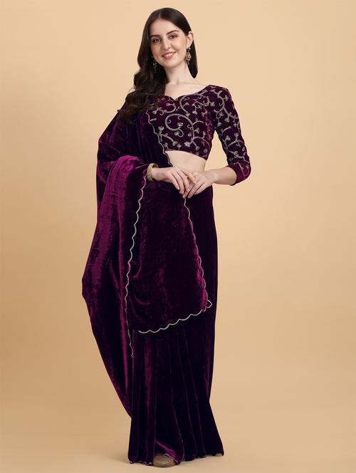 women's solid purple colored saree with blouse - 19177341 - Very Small Image - 1