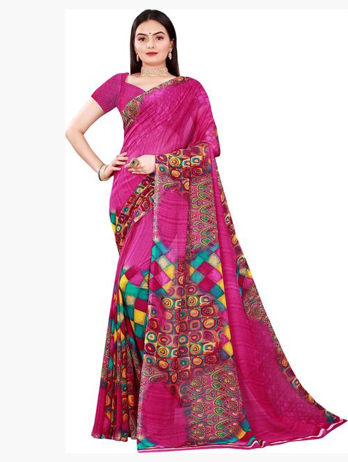 women's printed pink colored saree with blouse - 19282277 - Very Small Image - 1