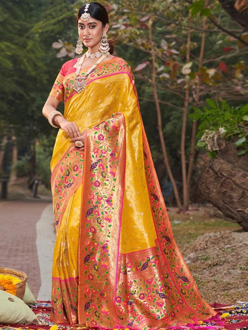 women's self design yellow colored saree with blouse - 19303908 - Very Small Image - 1