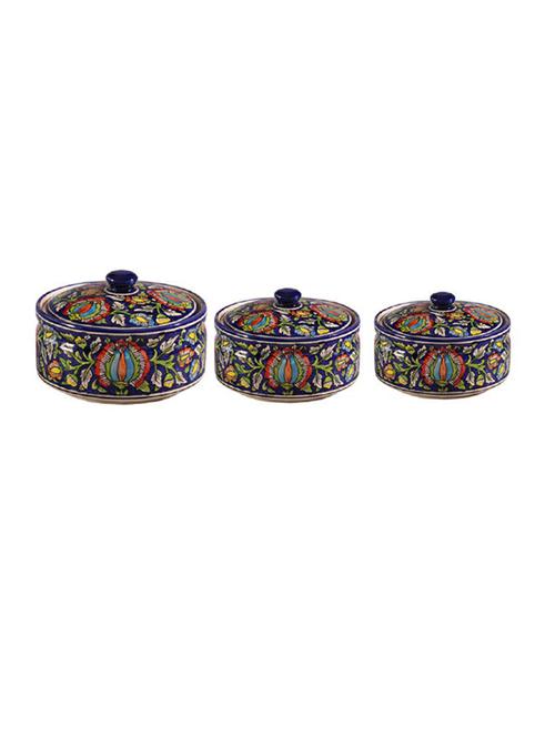 caffeine ceramic handmade blue jaipuri serving donga with lid (set of 3, 1 large, 1 medium, 1 small) - 19304426 - Very Small Image - 1