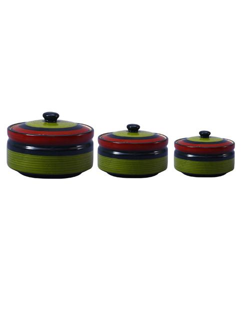 caffeine ceramic handmade green chandrakari serving casserole with lid (set of 3) - 19304427 - Very Small Image - 1