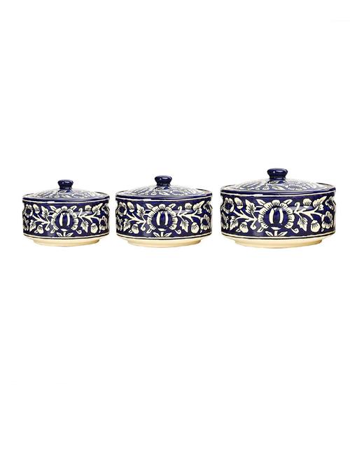 caffeine ceramic handmade blue mughal serving donga with lid (set of 3, 1 large, 1 medium, 1 small) - 19304428 - Very Small Image - 1