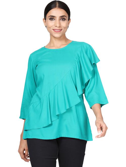 round neck ruffled solid regular tunic - 19452112 - Very Small Image - 1