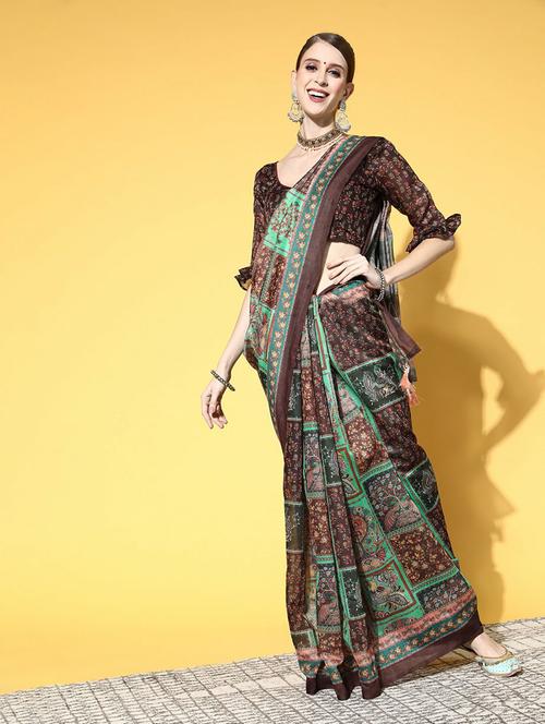 women's printed multi colored saree with blouse - 19473502 - Very Small Image - 1