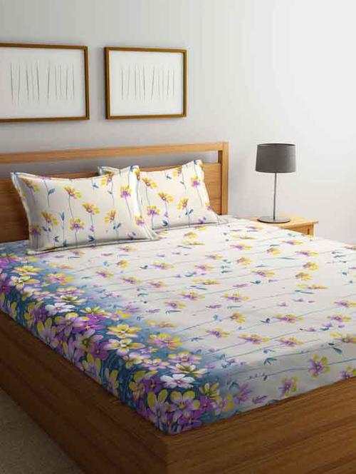 fabinaliv cream floral 210 tc cotton blend king size double bedsheet with 2 pillow covers - 19503609 - Very Small Image - 1