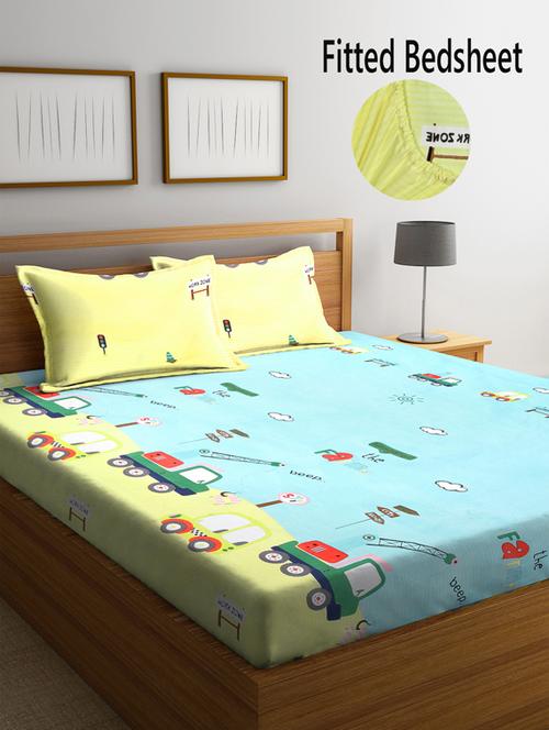 fabinaliv multicolor cartoon print 210 tc cotton blend king size fitted double bedsheet with 2 pillow covers - 19511480 - Very Small Image - 1