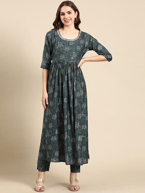 women printed round neck kurta pant set - 19664962 - Very Small Image - 1