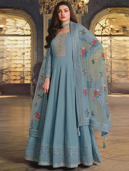 blue embroidered semi-stitched churidaar suits - 19688590 - Very Small Image - 1