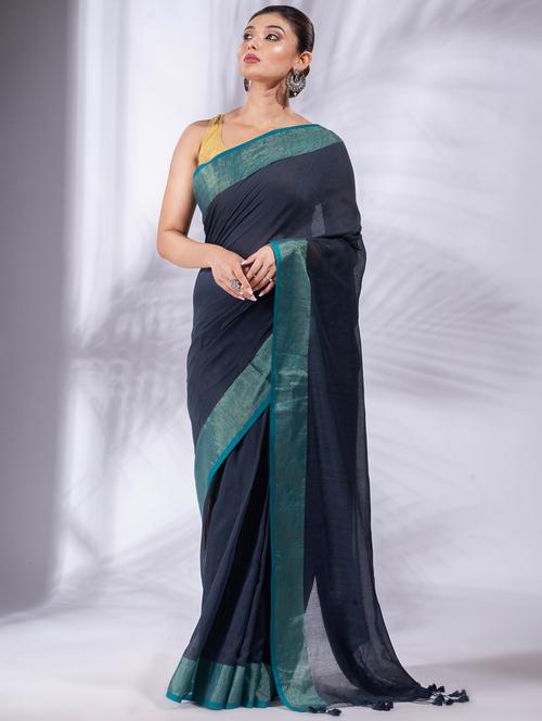 women's bordered navy blue colored saree with blouse - 19697571 - Very Small Image - 1