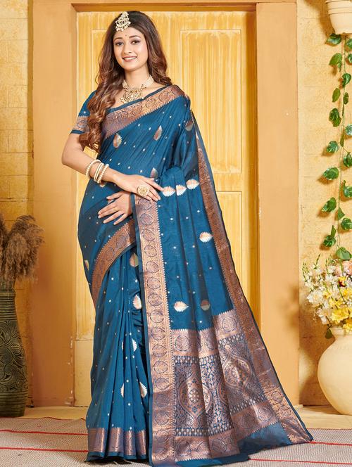 navy silk banarasi saree with blouse - 19708726 - Very Small Image - 1