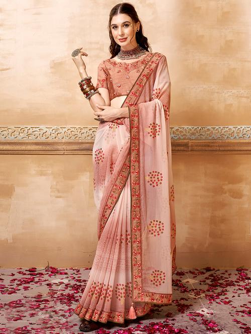 women's floral peach colored saree with blouse - 19915206 - Very Small Image - 1