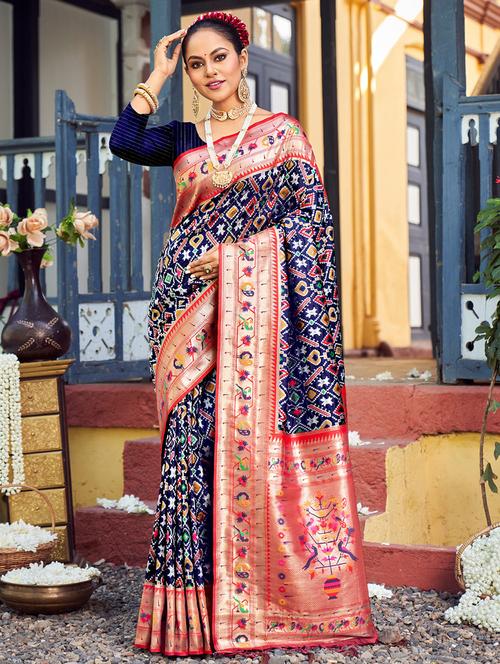 women's self design navy blue colored saree with blouse - 19925342 - Very Small Image - 1