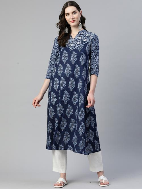 blue cotton aline kurta - 19943121 - Very Small Image - 1