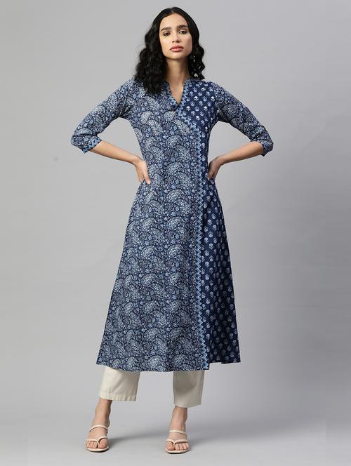 blue cotton a-line kurta - 19943123 - Very Small Image - 1
