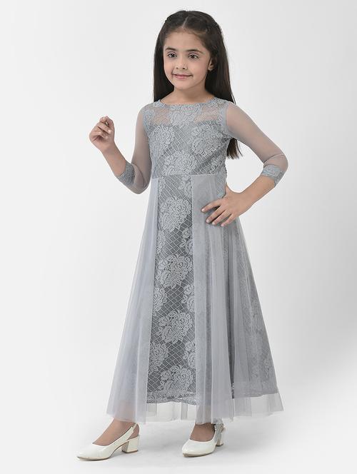 girls grey self design dress - 19992243 - Very Small Image - 1