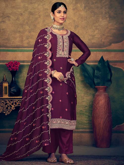 purple floral embroidered unstitched suit set - 19992304 - Very Small Image - 1