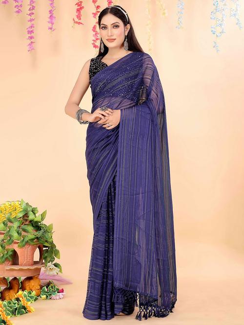 women's stripes navy blue colored saree - 20058710 - Very Small Image - 1