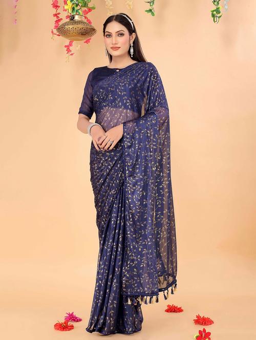 women's foil print navy blue colored saree with blouse - 20058736 - Very Small Image - 1
