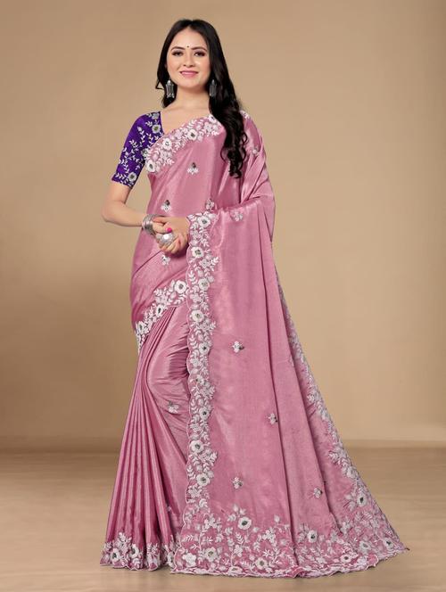 women pink self design embroidered saree with blouse - 20120588 - Very Small Image - 1