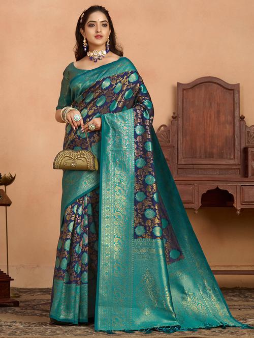 women's self design navy blue colored saree - 20131246 - Very Small Image - 1