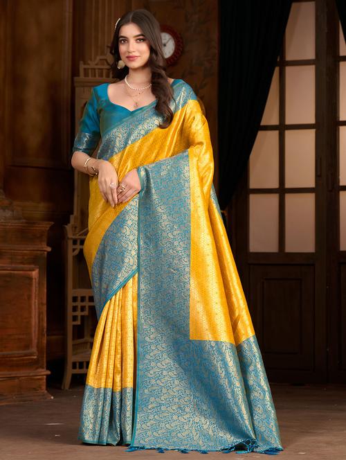 women's self design yellow colored saree with blouse - 20131308 - Very Small Image - 1