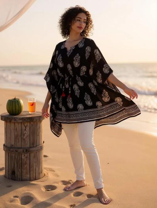 black printed notch neck kaftan - 20132853 - Very Small Image - 1