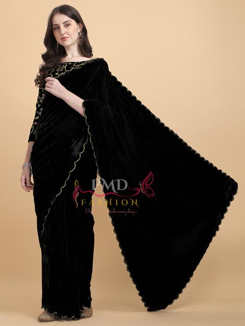 women's solid black colored saree with blouse - 20136908 - Very Small Image - 1