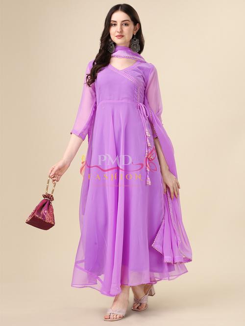women solid angrakha kurta dupatta set - 20137025 - Very Small Image - 1