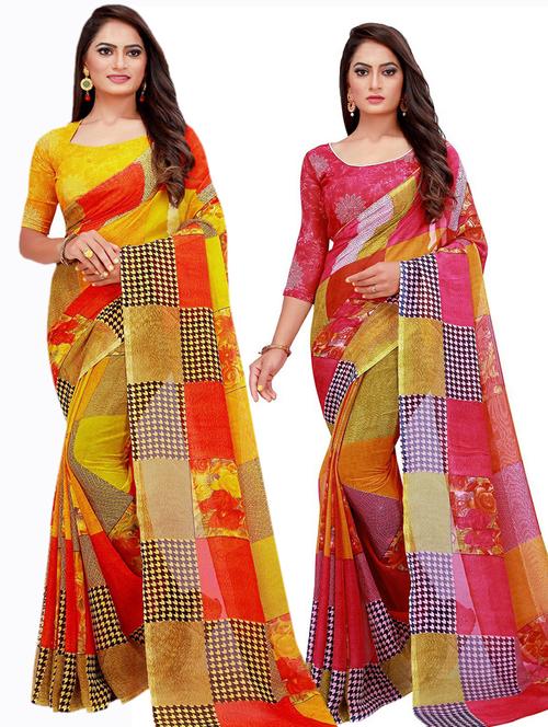 pack of 2 printed saree with blouse - 20209992 - Very Small Image - 1
